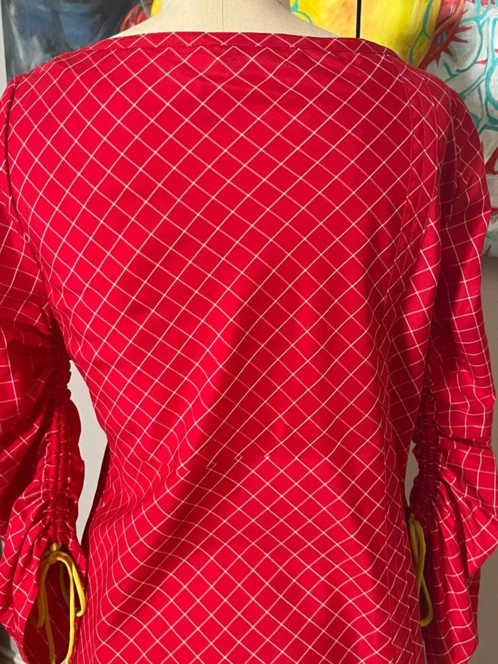 Tory Burch Windowpane Silk Tunic Top Red White Ruched Drawstring
